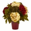 Best Sale 🛒 Nearly Natural 14 In. Peony, Hydrangea And Dahlia Artificial Arrangement In Burgundy Vase ⭐
