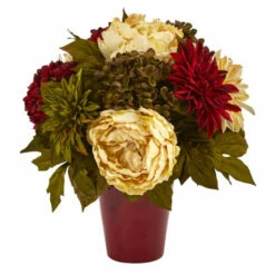 Best Sale 🛒 Nearly Natural 14 In. Peony, Hydrangea And Dahlia Artificial Arrangement In Burgundy Vase ⭐