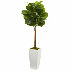 Wholesale 👍 Nearly Natural 4 Ft. Fiddle Leaf Artificial Tree In White Tower Planter 🛒