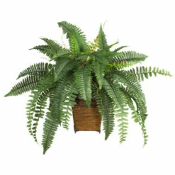 Brand new ❤️ Nearly Natural Boston Fern With Wood Wicker Basket Silk Plant ⭐