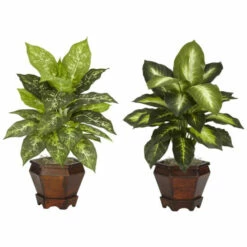 Outlet 😉 Nearly Natural Dieffenbachia With Wood Vase Silk Plant Set Of 2 Assorted 🧨