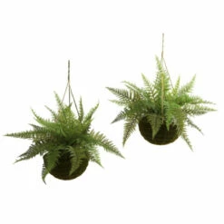 Promo 👏 Nearly Natural Leather Fern With Mossy Hanging Basket Set Of 2 👏