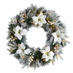 Wholesale 🛒 Nearly Natural 24 In. Flocked Poinsettia Wreath With 50 LED Lights ❤️