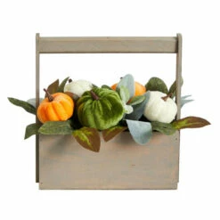 New 😍 Nearly Natural 10 In. Fall Pumpkin Autumn Arrangement In Wood Basket 🎁