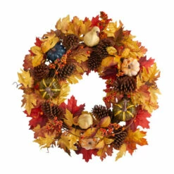 Wholesale 👏 Nearly Natural 26 In. Fall Pumpkin, Gourd And Pinecone Wreath 👏