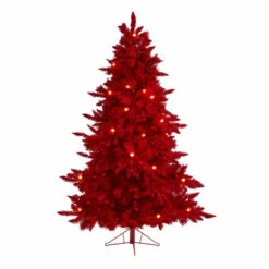 Best deal 🎉 Nearly Natural 6' Red Flocked Fir Artificial Tree With 350 Red Lights 🔔