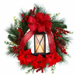 Best Pirce 🌟 Nearly Natural 28” Poinsettia & Berry Wreath With Lantern & LED Candle 💯