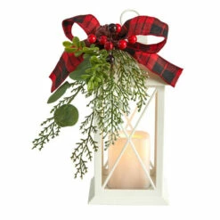 Promo π Nearly Natural 12" Holiday White Lantern With Berries, Pine And Plaid Bow π