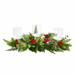 Wholesale ❤️ Nearly Natural 20” Holiday Winter Greenery And Berries Triple Candle Holder ❤️
