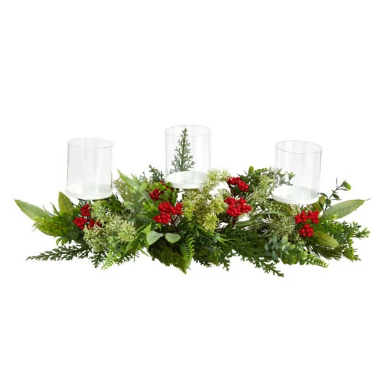 Wholesale ❤️ Nearly Natural 20” Holiday Winter Greenery And Berries Triple Candle Holder ❤️ 3 Wholesale ❤️ Nearly Natural 20” Holiday Winter Greenery And Berries Triple Candle Holder ❤️