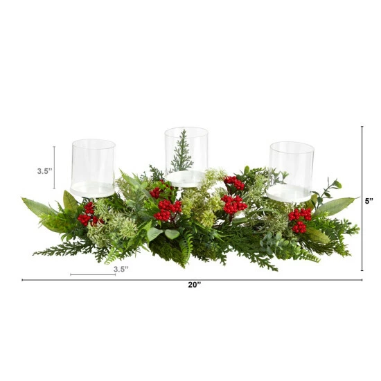Wholesale ❤️ Nearly Natural 20” Holiday Winter Greenery And Berries Triple Candle Holder ❤️ 4 Wholesale ❤️ Nearly Natural 20” Holiday Winter Greenery And Berries Triple Candle Holder ❤️ - Image 2