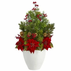 Top 10 🌟 Nearly Natural 32 In. Poinsettia, Boxwood And Succulent Artificial Arrangement In White Vase 😉