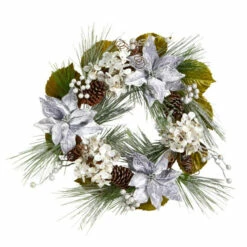 Best Pirce 👍 Nearly Natural 24” Silver Poinsettia, Hydrangea And Pinecones Wreath 🔥