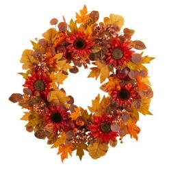 New 🧨 Nearly Natural 30” Fall Acorn, Sunflower, Berries And Foliage Wreath ✨
