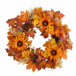 Hot Sale 😀 Nearly Natural 28” Maple Leaves, Sunflower, White Berries Fall Wreath 🥰