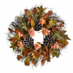Promo 🎉 Nearly Natural 22” Autumn Hydrangea, Dried Lotus Pod Fall Wreath 🛒