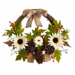 Best Pirce 🧨 Nearly Natural 20” Sunflower, White Pumpkin And Dried Lotus Wreath ⌛