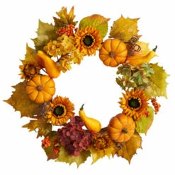 Best Pirce 🛒 Nearly Natural 22” Hydrangea, Pumpkin And Sunflower Fall Wreath ❤️
