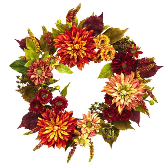 New ❤️ Nearly Natural 22” Dahlia & Mum Wreath ⌛ 3 New ❤️ Nearly Natural 22” Dahlia & Mum Wreath ⌛