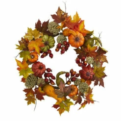 Top 10 🔔 Nearly Natural 24” Pumpkin, Gourd, Berry And Maple Leaf Wreath 🥰