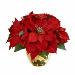 Outlet 💯 Nearly Natural Poinsettia Artificial Arrangement In Golden Vase 🥰