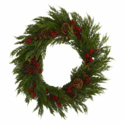 Cheapest 🛒 Nearly Natural Cypress With Berries And Pine Cones Wreath 🔔