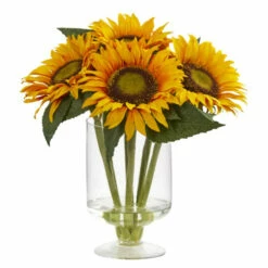 Budget ⌛ Nearly Natural 12” Sunflower Artificial Arrangement In Vase 🥰