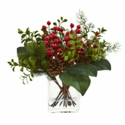 Promo 🧨 Nearly Natural Berry, Pine & Boxwood Artificial Arrangement 🛒