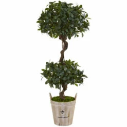 Best deal 🎁 Nearly Natural 4.5' Sweet Bay Double Topiary Tree In Farmhouse Planter 🎁