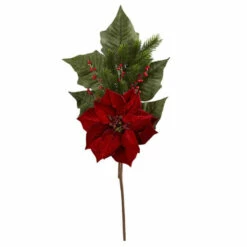 New 🧨 Nearly Natural 31 In. Poinsettia, Berries And Pine Artificial Flower Bundle Set Of 3 Red Red 🥰