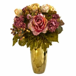 Best Sale 😉 Nearly Natural 19 In. Peony Artificial Arrangement In Gold Vase 🧨