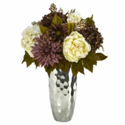 Hot Sale ✨ Nearly Natural 22 In. Peony, Hydrangea And Dahlia Artificial Arrangement In Silver Vase ✨