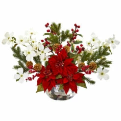 Promo 😀 Nearly Natural Poinsettia 🐕 Dogwood Berry & Pine Artificial Arrangement 👍