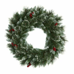 Best Pirce 🥰 Nearly Natural 24 In. Frosted Swiss Pine Artificial Wreath With 35 Clear LED Lights And Berries 🌟