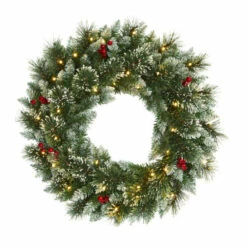 Best Pirce 🥰 Nearly Natural 24 In. Frosted Swiss Pine Artificial Wreath With 35 Clear LED Lights And Berries 🌟 -Nearly Natural Sales unnamed file 569