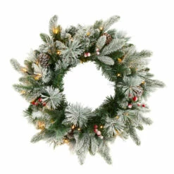 Hot Sale ⭐ Nearly Natural 20 In. Flocked Mixed Pine Artificial ❄ Christmas Wreath With 50 LED Lights, Pine Cones And Berries 😀