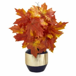 Promo 𧨠Nearly Natural 18 In. Autumn Maple Leaf Artificial Plant In Blue And Gold Planter Orange βοΈ