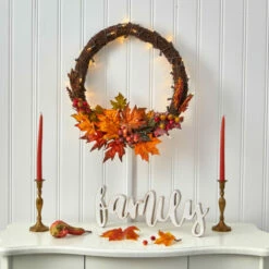 Best Pirce 🥰 Nearly Natural 21 In. Maple Leaf And Berries Artificial Wreath With 50 Warm White LED Lights 🔔 -Nearly Natural Sales unnamed file 635