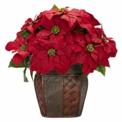 New ✨ Nearly Natural Poinsettia With Decorative Vase Silk Arrangement 🛒