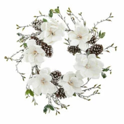 Budget 🌟 Nearly Natural 24" Snowed Magnolia Pine Cone Wreath 🔔