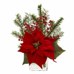 Deals 🧨 Nearly Natural Poinsettia Pine & Berries Artificial Arrangement W/Vase 👏
