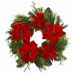 New 🤩 Nearly Natural 28" Poinsettia & Pine Wreath 🥰