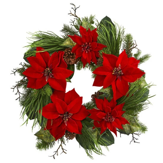New π€© Nearly Natural 28" Poinsettia & Pine Wreath π₯° 3 New π€© Nearly Natural 28" Poinsettia & Pine Wreath π₯°
