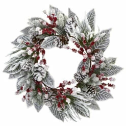 Deals ❤️ Nearly Natural 24" Snowy Magnolia Berry Artificial Wreath 👏