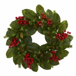 Promo 😀 Nearly Natural 24" Magnolia Leaf, Berry & Pine Artificial Wreath ❤️