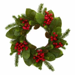 Flash Sale 😍 Nearly Natural 19" Magnolia Leaf, Berry & Pine Artificial Wreath 👏