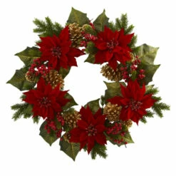 Best Sale 🔥 Nearly Natural 24" Poinsettia Berry & Gold Pine Cone Artificial Wreath ✨