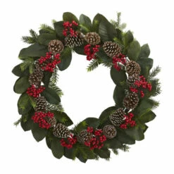 Discount 🥰 Nearly Natural Magnolia Leaf, Berry Pine & Pine Cone Artificial Wreath 😉