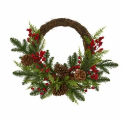Budget ⭐ Nearly Natural Pine & Cedar W/Berries & Pine Cones Artificial Wreath 😀