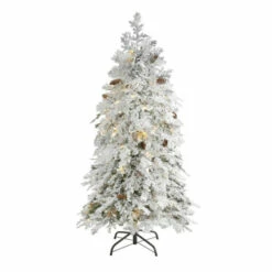 New 🔥 Nearly Natural 5 Ft. Flocked Montana Down Swept Spruce 🎄 Christmas Tree ⭐